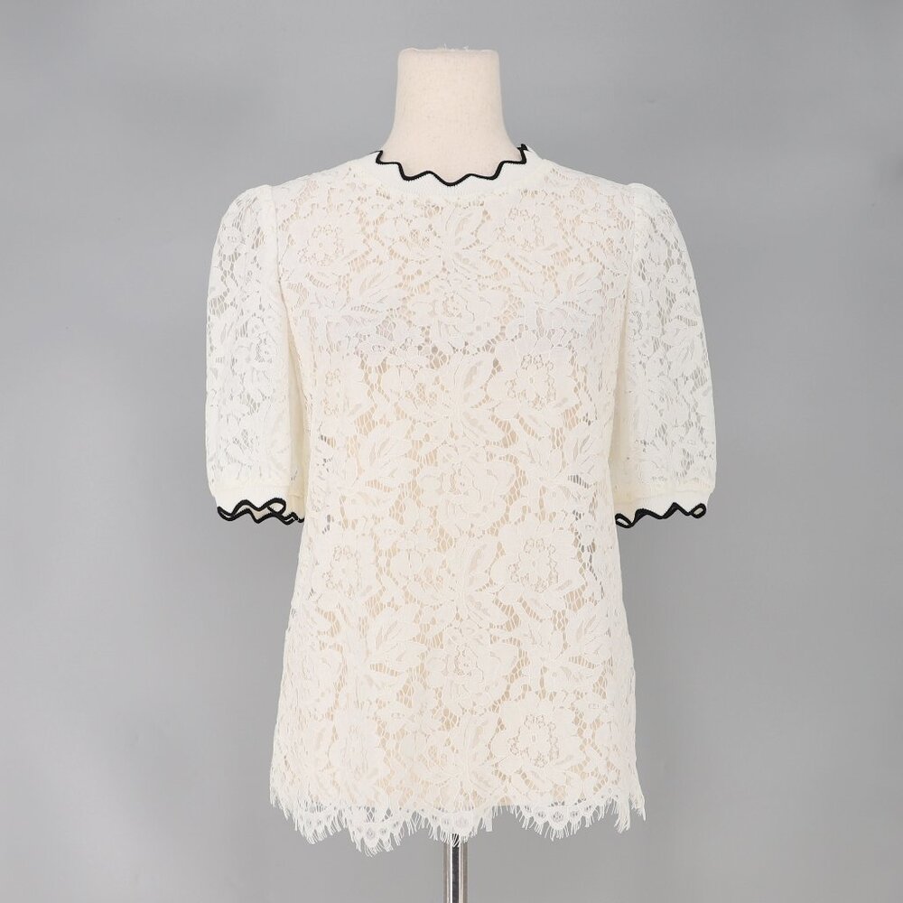 ALBERTO MAKALI Sheer Lace Floral Scalloped Hem Short Sleeve Top White Size S